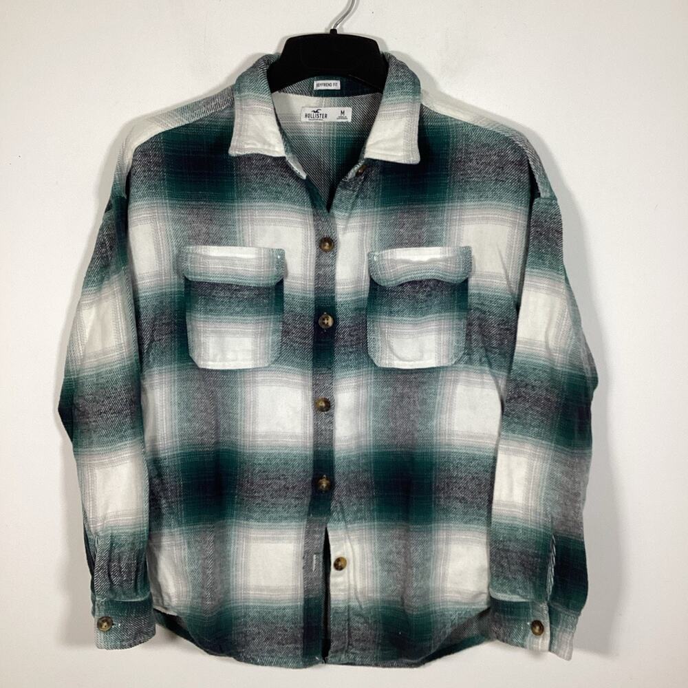Hollister Shacket Flannel‎ Shirt Women's Medium Green Gray Plaid Boyfriend Fit - Picture 6 of 6